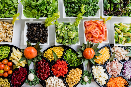 Large table of healthy foods